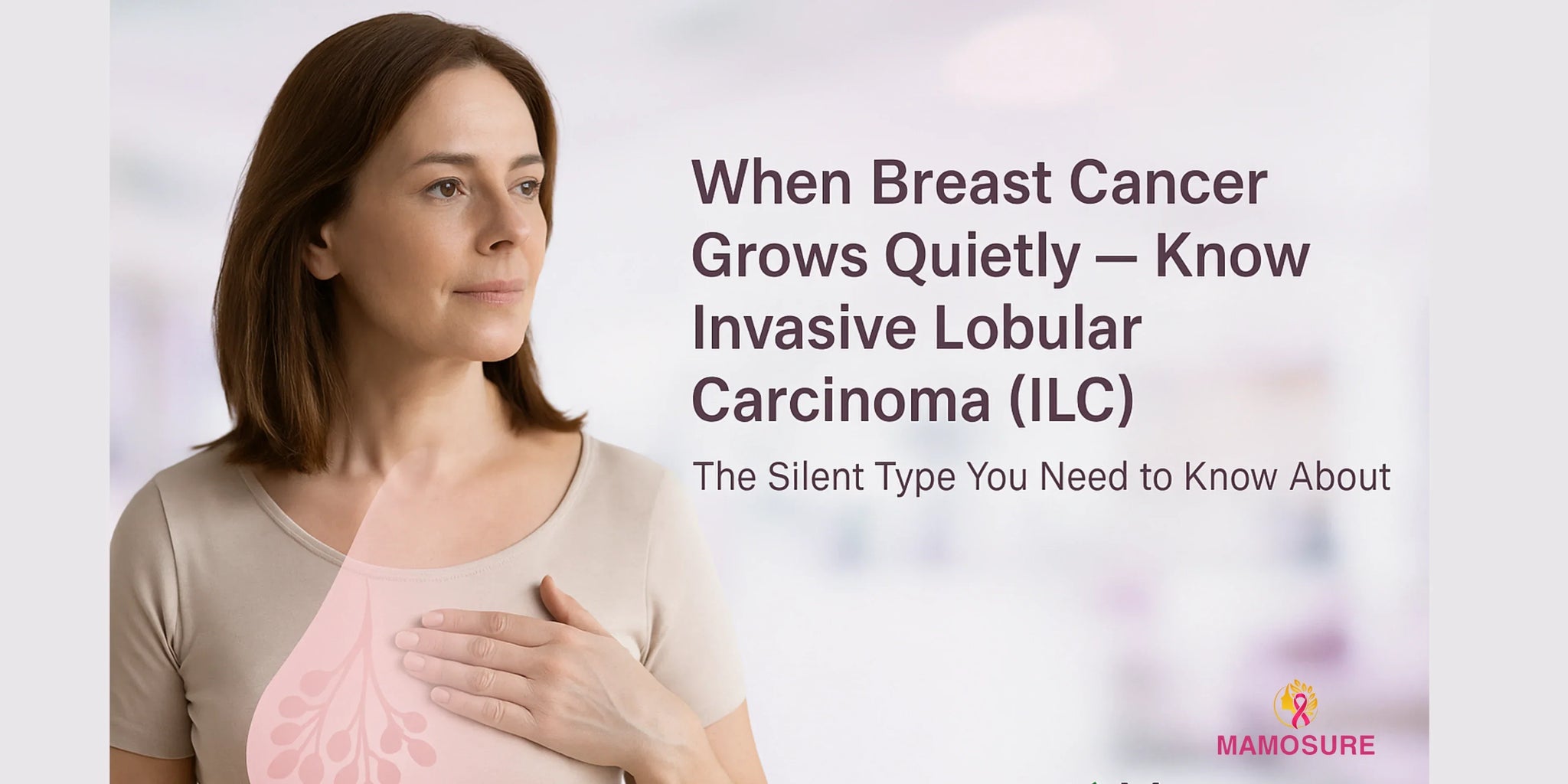 Calm middle-aged woman learning about Invasive Lobular Carcinoma (ILC), the silent type of breast cancer.