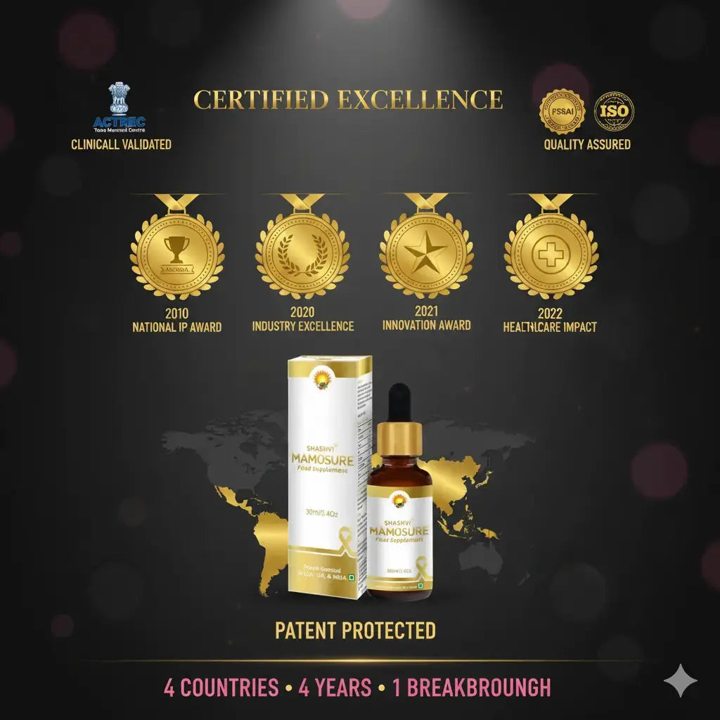 Product packaging with awards and certifications on a dark background