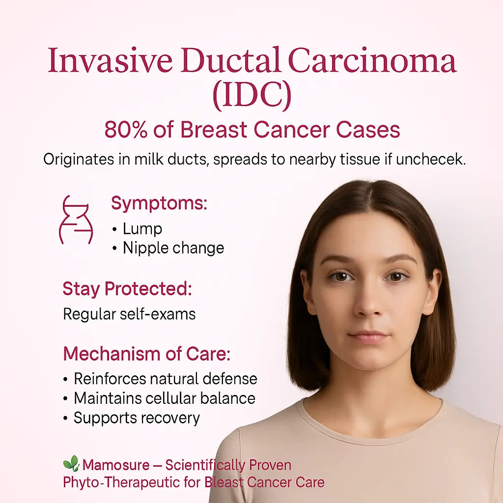 Infographic showing a woman with Invasive Ductal Carcinoma (IDC) awareness facts, symptoms like breast lump or nipple change, and Mamosure’s role as a scientific phyto-therapeutic for breast cancer care and prevention.