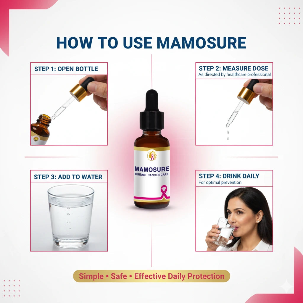 Instructions on how to use Mamosure with a bottle, dropper, glass of water, and a woman drinking from a glass.