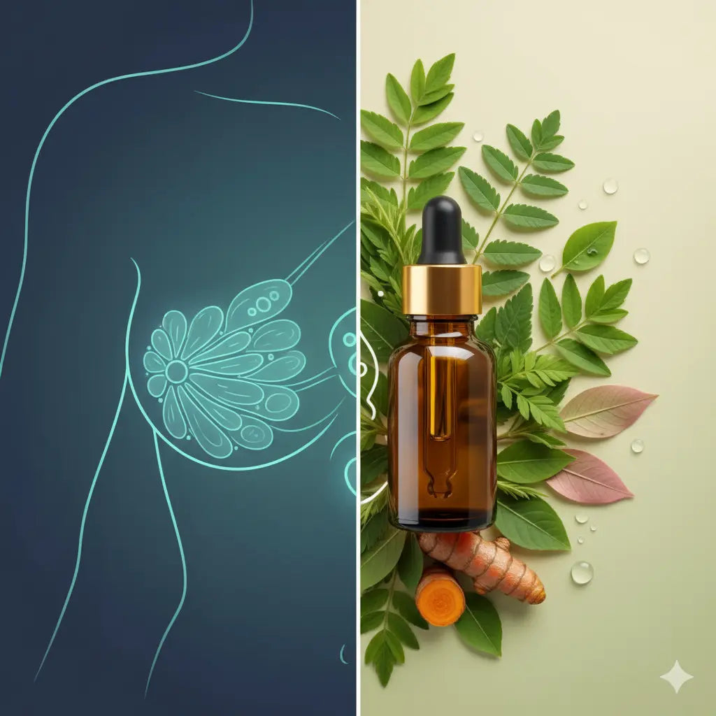 Illustration of a woman's chest with a floral design on the left, and a brown glass dropper bottle with leaves and carrots on a beige background on the right.