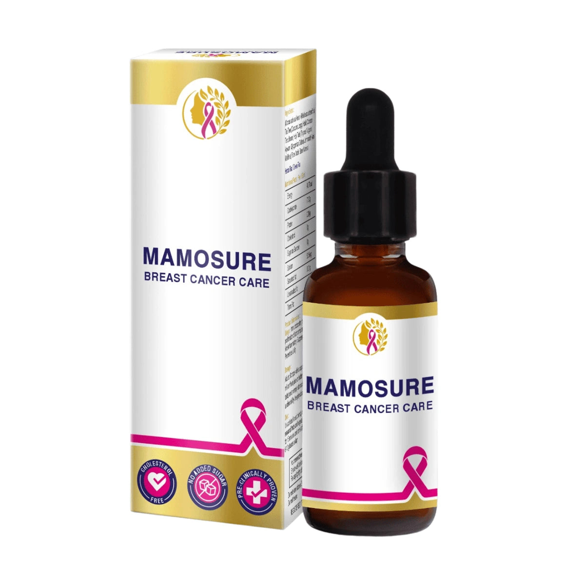 Mamosure breast cancer care product with bottle and packaging on a white background
