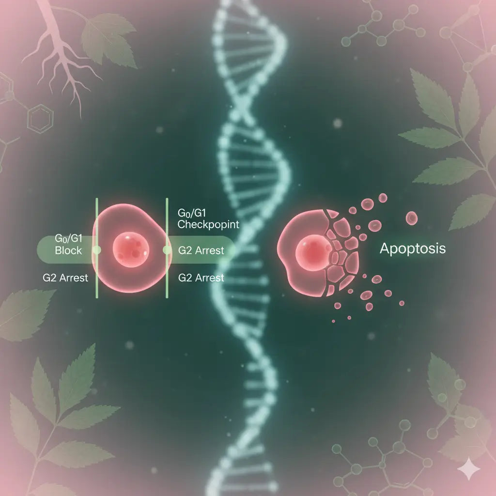 Diagram of cell cycle checkpoints with a DNA double helix on a nature-themed background