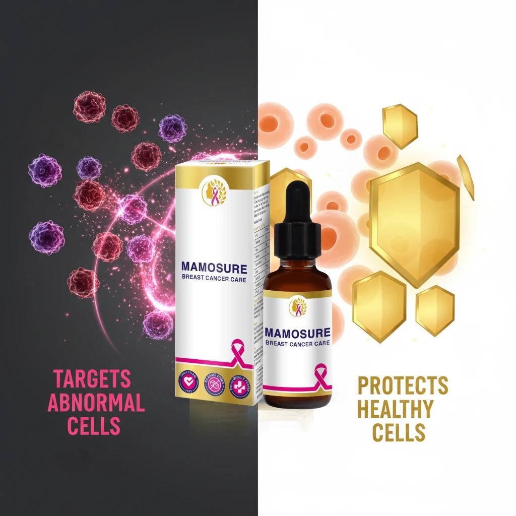 Mamosure product for breast cancer packaging with text on a black and white background