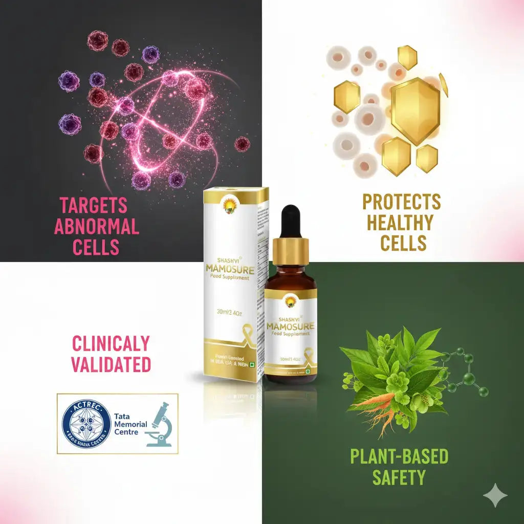 Mamosure benefits with text highlighting features like targeting abnormal cells, protecting healthy cells, clinical validation, and plant-based safety.