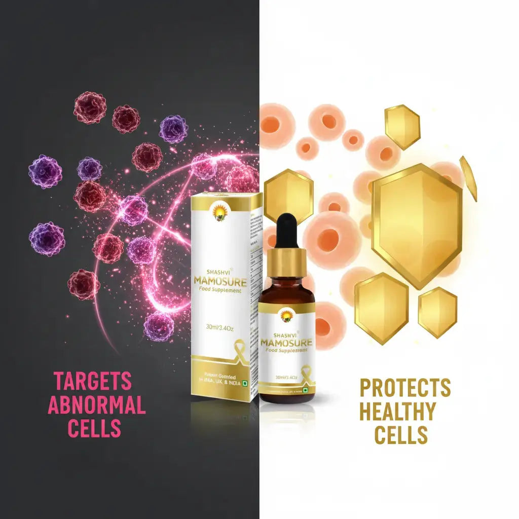 Supplement bottle and dropper with 'Mamusure' branding, surrounded by abstract designs and text on a black and white background.