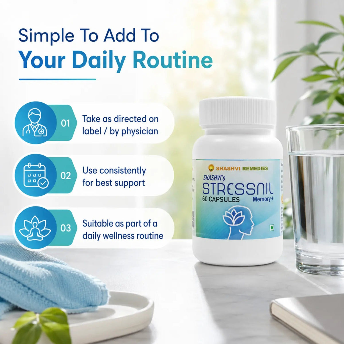 Stressnil Memory+ bottle on a counter beside a glass of water, ready for a daily wellness routine