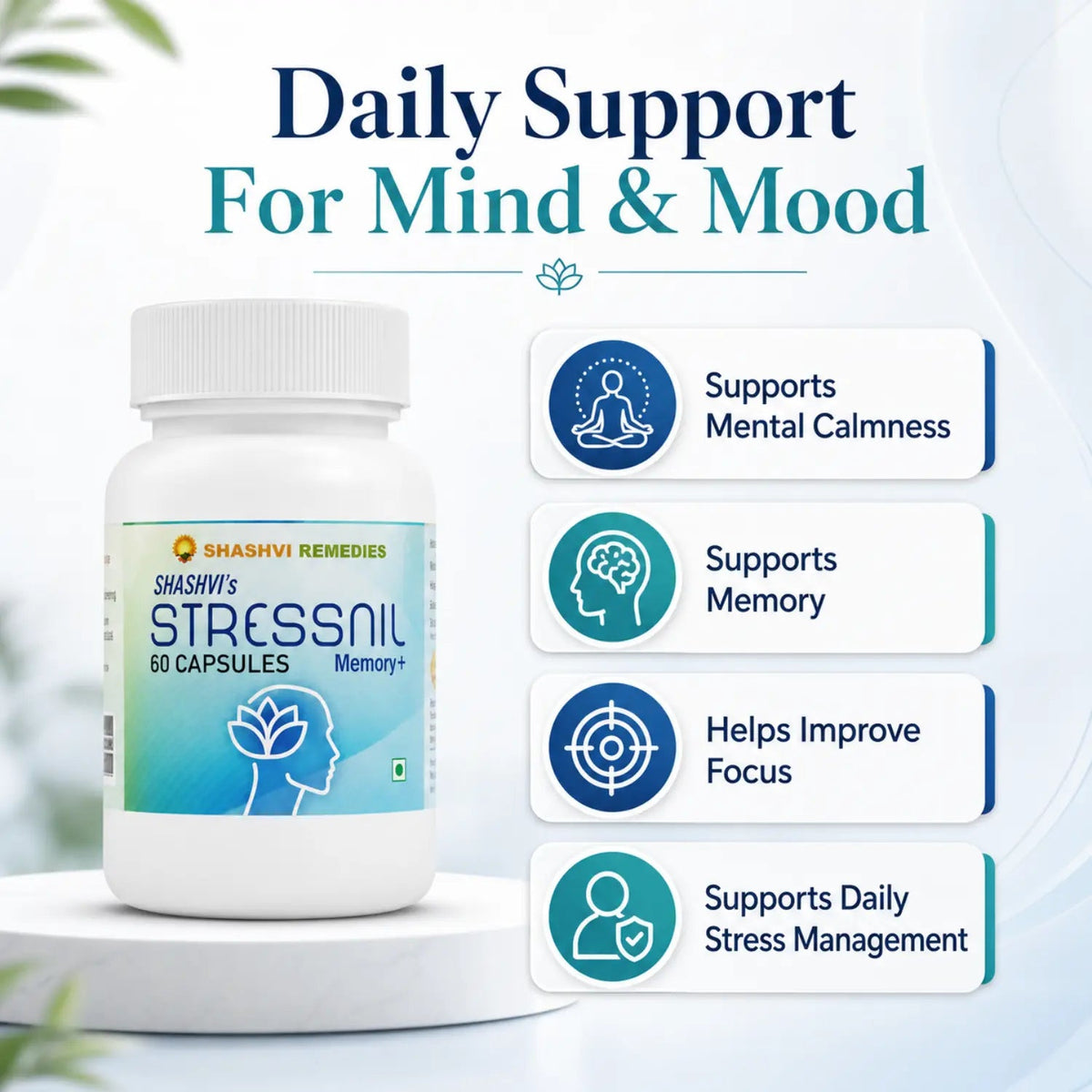 Open bottle of Stressnil Memory+ with vegetarian herbal capsules